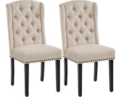 Set van 2 luxe eetkamerstoelen met hoge rugleuning en knopen – gestoffeerde stoelen met armleuningen, stevige houten poten, tot 140 kg belastbaar – beige – voor eetkamer, keuken of woonkamer