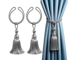 Set van 2 Luxe Gordijnhouders met Kwasten in Zilvergrijs voor Woonkamer, Slaapkamer en Hotel