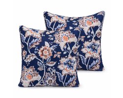 Set van 2 Luxe Kussenhoezen 45x45 cm | Sierkussens | Katoen Canvas Kussenhoes | Blauw Bloemen Design | Digitale Print | Cushion Covers