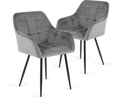 Set van 2 Luxe Mid-Century Moderne Keukenstoelen – Fluwelen Gestoffeerde Stoelen met Comfortabele Zitting, Afmetingen 46 x 56 x 82 cm, Perfect voor Woonkamer, Slaapkamer of Eetkamer, Grijs
