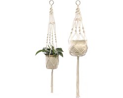Set van 2 Macramé Plant Hangers voor Binnen en Buiten, Katoenen Hangende Bloempothouders voor Wanddecoratie en Tuinaccessoires