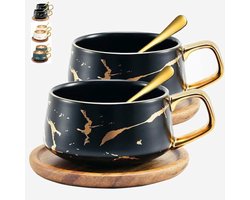 Set van 2 marmeren espressokopjes en schoteltjes - 300 ml cappuccinokopjes van porselein