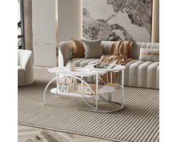 Set van 2 Marmeren Salontafels – Wit Blad & Zilveren Poten – Rond & Ovaal met Opslagplank