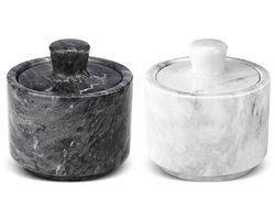 Set van 2 marmeren zoutvaatjes met deksel, zout- en peperstrooier voor keuken, marmeren opbergdoos voor paprika, kruiden, suiker, sieraden en horloges (zwart en wit)