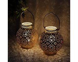 Set van 2 Marokkaanse stijl metalen tafellampen, 18 cm H, op batterijen werkende draadloze lamp met LED-lampjes, perfect voor thuis, in de woonkamer, op feestjes, op tafel binnenshuis (bruin)
