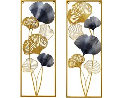 Set van 2 Metalen Ginkgo Kunstwerken - Luxe Wanddecoratie - Ingelijst Ginkgo Blad Design - Licht Extravagante Stijl - Decoratie Woonkamer - 85 x 31 x 5 cm