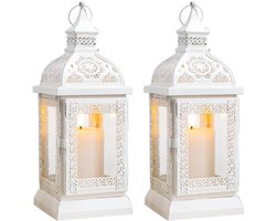 Set van 2 metalen kaars lantaarns - Rustieke stijl, 13" hoog - Decoratieve buiten- en binnenlantaarn voor thuis, woonkamer, tuin - Gehard glas - Voor patio feesten - Crème