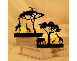 Set Van 2 Metalen Kaarsenhouders - Kaarsenstandaard - Waxinelichthouders - Olifant en Giraf in Het Bos, Silhouetdecoratie - Decoratieve Kaarsenhoudersets Voor Votieftuinen, LED-theelichtjes, Bruiloften en Feesten - Zwart