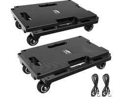 Set van 2 meubelwagens met wielen, beweegbare wielen voor zwaar meubilair, 4 wielen, kleine platte wagen met 4 elastische touwen, capaciteit 400 kg, zwart