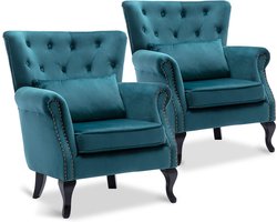 Set van 2 Mid-Century Moderne Leunstoelen - Comfortabele Fluweel Clubstoel met Rugkussen