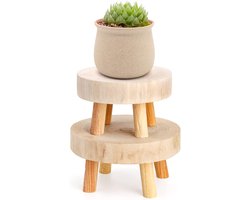 Set van 2 Mini Houten Krukjes - Boho Stijl Display Onderstel - Lage Voetstukken voor Kaarsen, Binnenplanten en Decoratie - Geschikt voor Aanrecht en Bureau