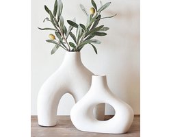 Set van 2 minimalistische donut vazen - witte keramische decoratie voor modern interieur | ideaal voor bruiloften, woonkamer en kantoor