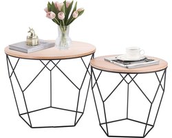 Set van 2 Moderne Bijzettafels met Houten Blad en Zwart Metalen Frame | Woonkamer Salon Tafel