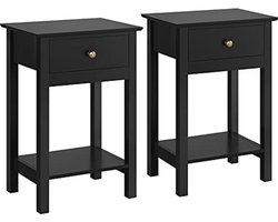 Set van 2 Moderne Bijzettafels met Lades en Plank voor Woonkamer en Slaapkamer, Stijlvol Scandinavisch Design in Zwart
