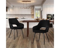 Set van 2 moderne eetkamerstoelen | Fluwelen, gevoerde stoelen met uitgestanste rugleuning | Zwart | Voor keuken & woonkamer