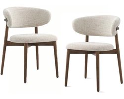 Set van 2 Moderne Eetkamerstoelen met Houten Poten - Comfortabele Stoffen Beklede Keukenstoelen voor Woonkamer en Eethoek - Beige