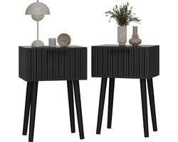 Set van 2 Moderne Nachtkastjes – Geribbeld Front – Magnetische Lade – Zwart – Bijzettafel voor Slaapkamer en Woonkamer