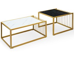 Set van 2 Moderne Nesttafel Stapelbare Zij Koffietafel Waterdicht Gemarmerde Tafelblad Vrije Combinatie Industrieel Ontwerp