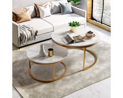 Set van 2 moderne ronde salontafels, stapelbaar, eigentijds meubel voor de woonkamer, wit blad, goud of zwart frame, grote tafel 80 x 80 x 45 cm, kleine tafel 60 x 60 x 33 cm