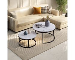 Set van 2 moderne ronde salontafels, stapelbaar, eigentijds meubel voor de woonkamer, wit blad, goud of zwart frame, grote tafel 80 x 80 x 45 cm, kleine tafel 60 x 60 x 33 cm