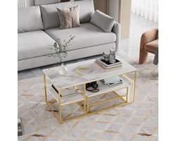 Set van 2 moderne salontafels, stijlvolle bijzettafels met 2-laagse opbergruimte, rechthoekig, met metalen frame, Moderne meubels voor de woonkamer
