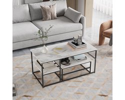 Set van 2 moderne salontafels, stijlvolle bijzettafels met 2-laagse opbergruimte, rechthoekig, met metalen frame, Moderne meubels voor de woonkamer