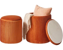 Set van 2 multifunctionele ronde Ottomaanse – Fluwelen make-upkruk en salontafel met opslag in oranje
