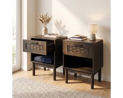 Set van 2 Nachtkastjes - 40x30x55cm - met Lade en Open Vak - Hout en Metaal - Rattan Stijl - Zwart