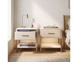 Set van 2 Nachtkastjes - 40x31x50cm - met lade en LED - fluweel en metaal - modern - Beige