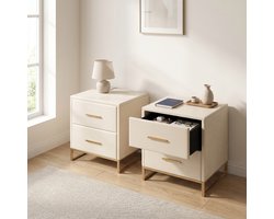 Set van 2 Nachtkastjes - 40x40x50cm - met 2 lades - Fluwelen bekleding en gouden metalen poten - Modern - Beige