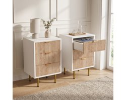 Set van 2 Nachtkastjes - 40x40x65cm - met 3 lades - geribbelde fronten - hout en metaal - modern - Wit
