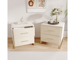 Set van 2 nachtkastjes – beige velvet, 2 lades, gouden metalen onderstel