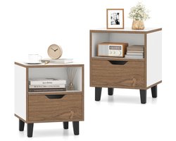 Set van 2 Nachtkastjes Bijzettafel in Mid-Century Stijl met Lade Metalen Poten Minimalistisch Design Vierkant Bijzettafeltje