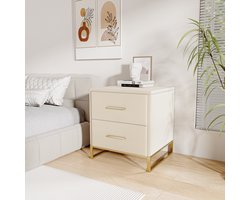Set van 2 nachtkastjes, bijzettafel met 2 lades, metalen poten en handgrepen, bekleed met fluweel, salontafel voor woonkamer, slaapkamer of bij de bank, beige