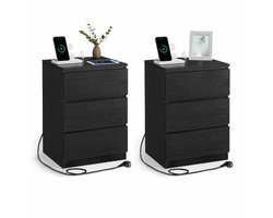 Set van 2 nachtkastjes, bijzettafels, 3 lades, afgeschuinde rand, 2 stopcontacten, 2 USB-poorten, woonkamer, slaapkamer, studeerkamer, modern, ebbenhoutzwart