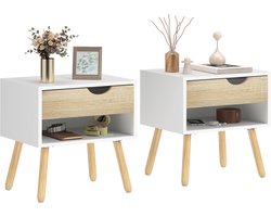 Set van 2 nachtkastjes, bijzettafels met lade en opbergplank voor slaapkamer, woonkamer, naast het bed, kantoor, moderne stijl, 50x39x51 cm, wit en eikenhout