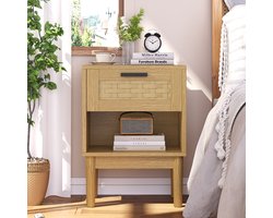 Set van 2 nachtkastjes, houten nachtkastje, 1 lades en 1 plank, boho nachtkastje voor slaapkamer, woonkamer, 40x30x55cm, natuurlijke houten kleur