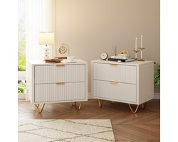 Set van 2 nachtkastjes, houten nachtkastje, 2 lades, boho nachtkastje voor slaapkamer, woonkamer, waterdicht bureaublad, 40x40x55cm, wit