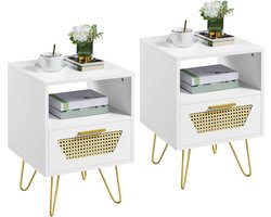 Set van 2 nachtkastjes in rotan-design, bijzettafel met 1 lade en 1 open opbergvak, nachtkast, metalen poten, nachtkastje, banktafel voor slaapkamer/woonkamer, wit