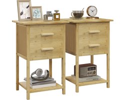 Set van 2 nachtkastjes met 2 lades en onderste plank in noordse stijl, moderne bamboe nachtkastjes, 40x34x60 cm, houtkleur