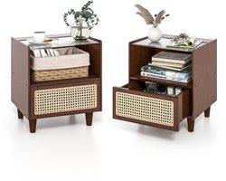 Set van 2 nachtkastjes met lade – Bamboe bijzettafel met glazen blad en massief houten poten – 43x35x50 cm, Bruin/Natuur
