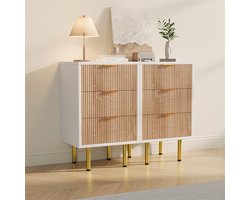 Set van 2 nachtkastjes met laden, commode met 3 laden, houten kast met metalen rails, 60 x 34 x 110 cm, ruimtebesparende commode voor slaapkamer (naturel + wit, 3 laden)