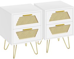 Set van 2 Nachtkastjes met Lades - Rotan Salontafel voor Slaapkamer, Wit