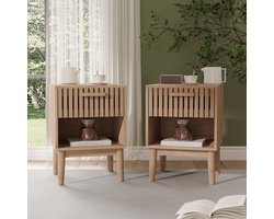 Set van 2 nachtkastjes met open planken en lades, naturel houten bijzettafels, Boheemse stijl, voor slaapkamer en woonkamer, houtkleur
