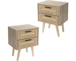 Set Van 2 Nachtkastjes Met Rotan Front – Eiken Look - 2 Lades - Massief Houten Poten