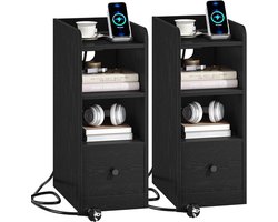Set van 2 nachtkastjes – Met stekkerdoos, USB- en Type-C-poort, smalle bijzettafel met lade, zwart