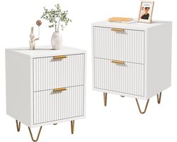 Set van 2 Nachtkastjes, Nachttafel van hout met opbergruimte, Bed Nachtkast, Bijzettafels, voor Slaapkamer, Woonkamer, L40 x H55 cm, Wit