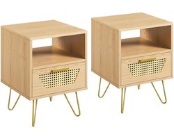 Set van 2 nachtkastjes, rotan design, bijzettafel met 1 lade en 1 open opbergvak, nachtkast, metalen poten, nachtkastje, banktafel voor slaapkamer/woonkamer, lichtbruin