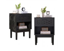Set van 2 Nachtkastjes – Rotan Look Nachtkastje met Opbergruimte, Zwart – Bijzetkastje voor Slaapkamer & Woonkamer, L40 x H55 cm