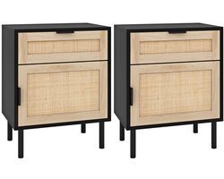 Set van 2 nachtkastjes van rotan, nachtkastje met lade en kast, mid-century, nachtkastje met metalen poten, natuurlijk/zwart